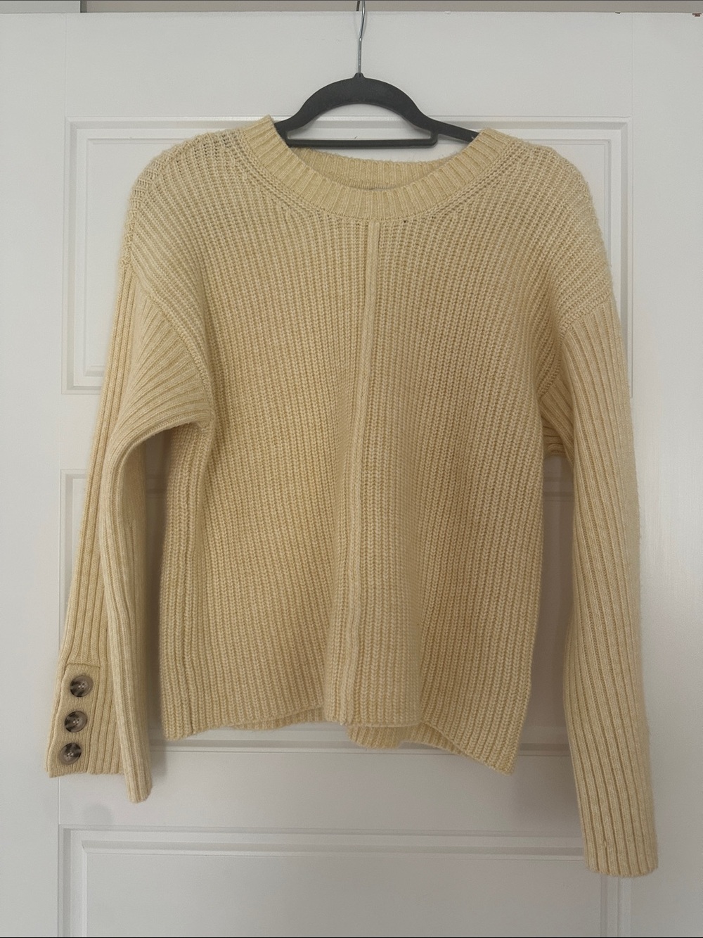 Rachel Zoe Pale Yellow Ribbed Crewneck Sweater with Button Cuffs